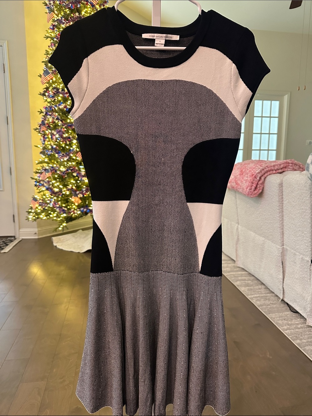 Diane Von Furstenberg Black, Gray & Cream Geometric Midi Dress